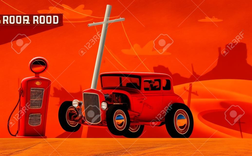 Hot rod car in Route 66 desert