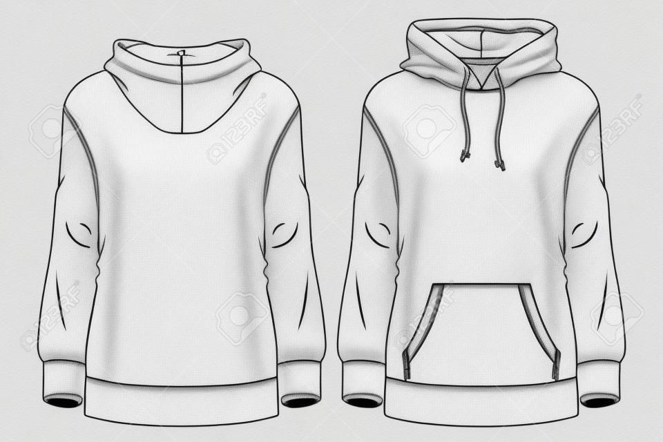 Women Fleece Top fashion flat sketch template. Technical Fashion Illustration. Sweatshirt CAD