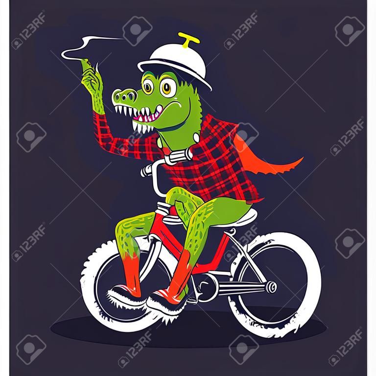 Ilustración de bicicleta de montar a caballo de monstruo de cocodrilo, uso recomendado para camiseta y póster temático
