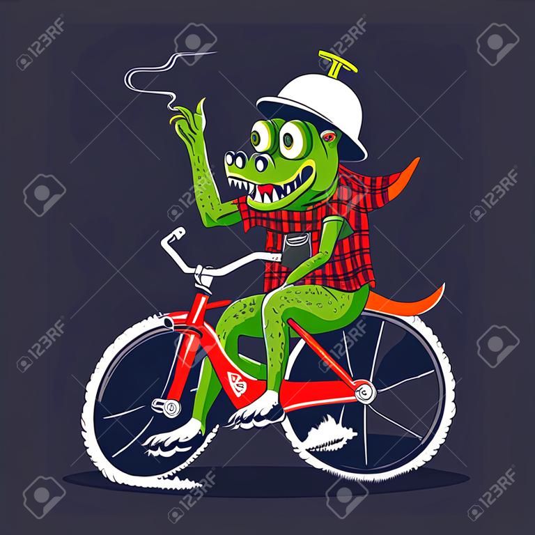 Ilustración de bicicleta de montar a caballo de monstruo de cocodrilo, uso recomendado para camiseta y póster temático