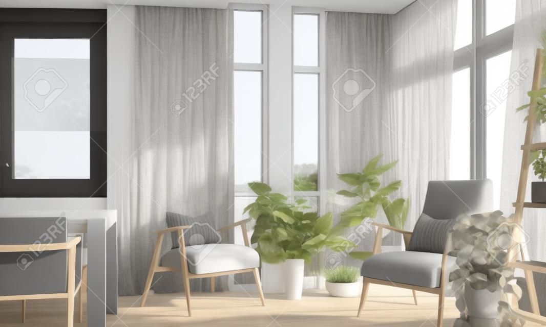 Sala da pranzo in stile moderno e contemporaneo con interni in legno con cornice della finestra e velata con mobili grigi con rendering 3d