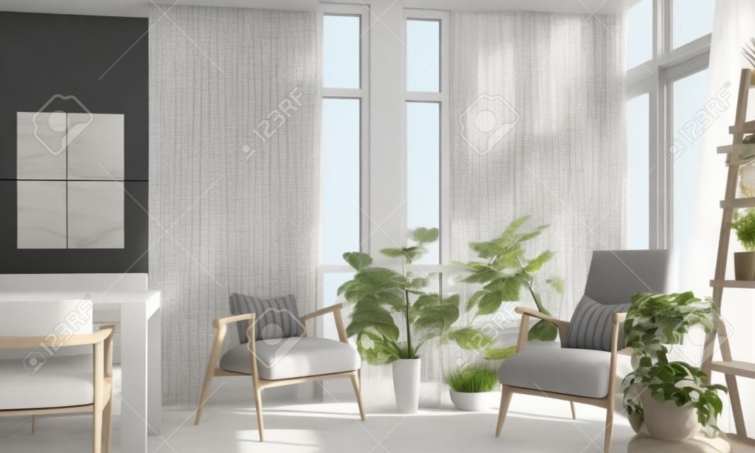 Essbereich in modernem, zeitgemäßem Innendesign mit Holzfensterrahmen und schier mit grauem Möbelton 3D-Rendering