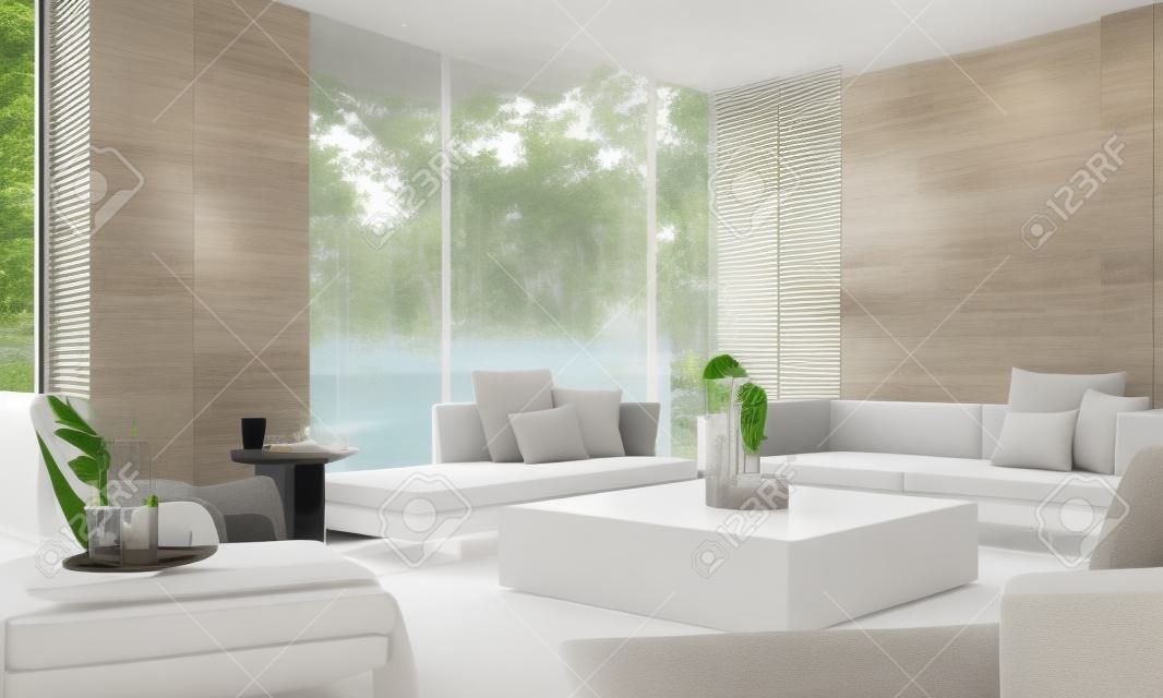 Design d'intérieur de villa avec piscine dans des tons blancs et coûteux avec des matériaux en bois dans un style minimaliste avec des sièges, des meubles sur des carreaux et des tapis avec de grandes fenêtres donnant sur la mer. rendu 3d