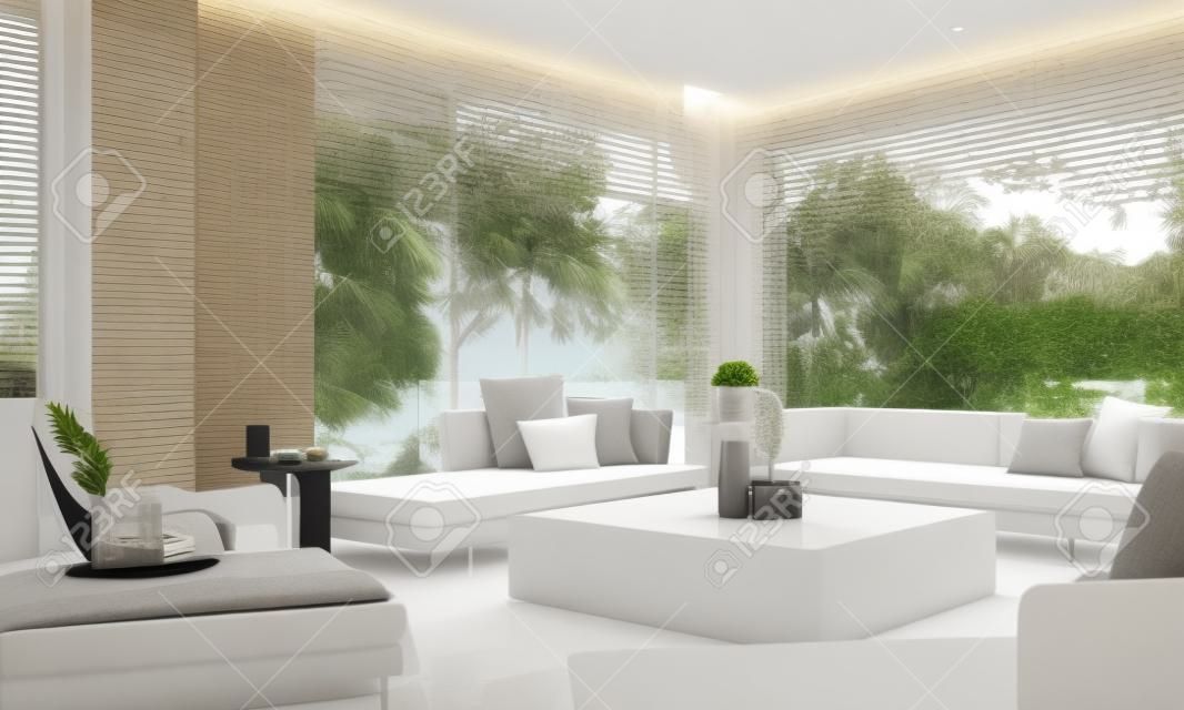 Interior design della villa con piscina nei toni del bianco e costoso con materiali in legno in uno stile minimalista con posti a sedere, mobili su piastrelle e tappeti con ampie finestre con vista sul mare. rappresentazione 3d