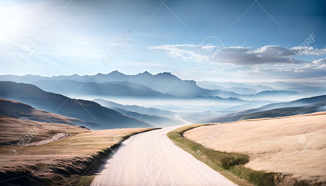 Paisagem com uma estrada de terra nas montanhas dos Cárpatos