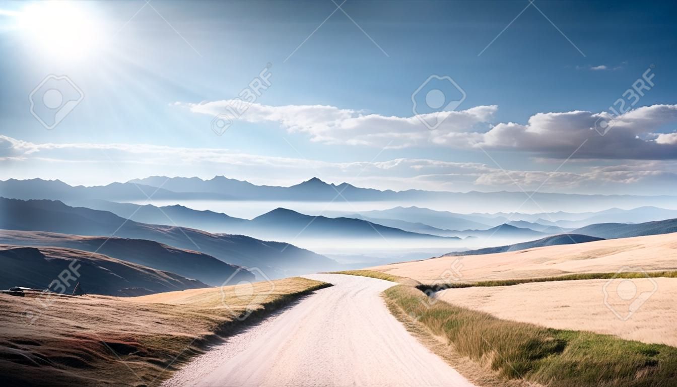 Paisagem com uma estrada de terra nas montanhas dos Cárpatos