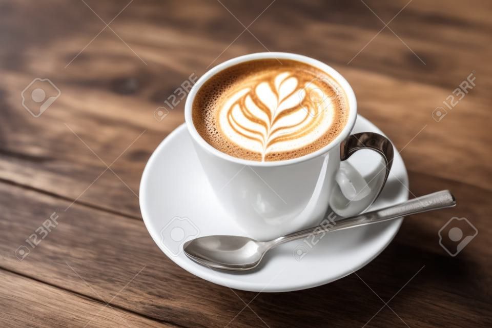 Tasse heißen Kaffee mit Milchkunst auf der Oberfläche auf dem Holztisch