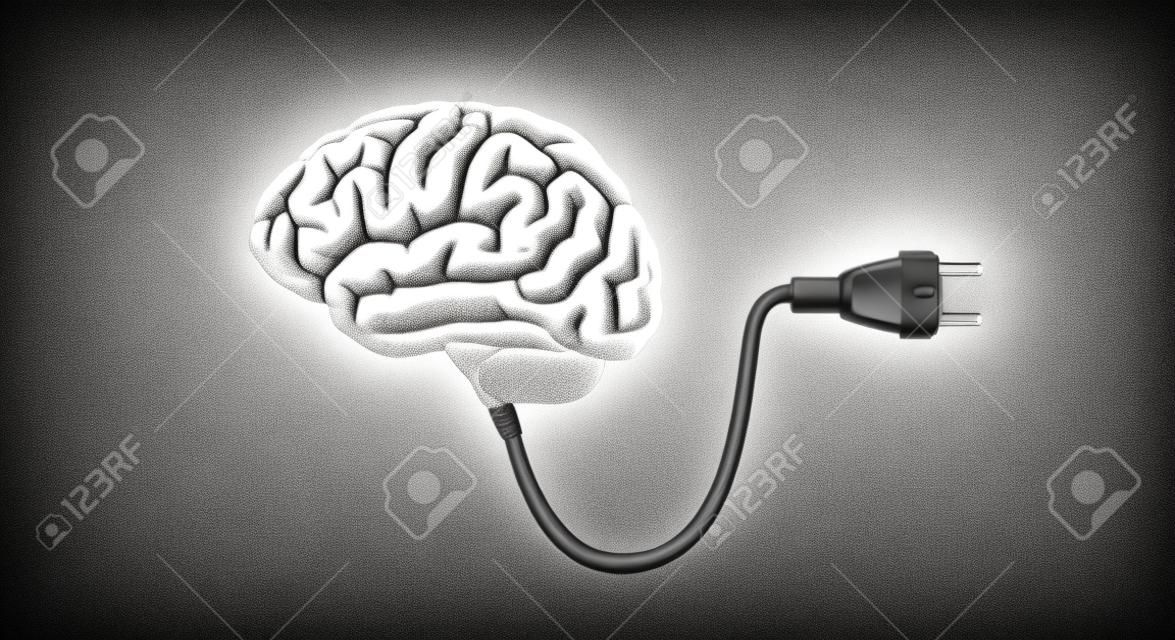 Grabado vintage monocromo dibujo cerebro humano conectado con ilustración de cable de enchufe eléctrico aislado sobre fondo blanco