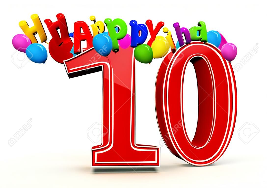 El gran número rojo 10 con feliz cumpleaños en letras de colores