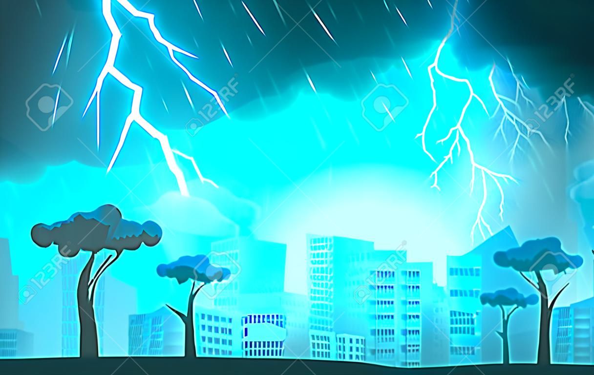 Thunder Storm Lightning Strike Heavy Rain City Building Skyline Cityscape Illustrazione