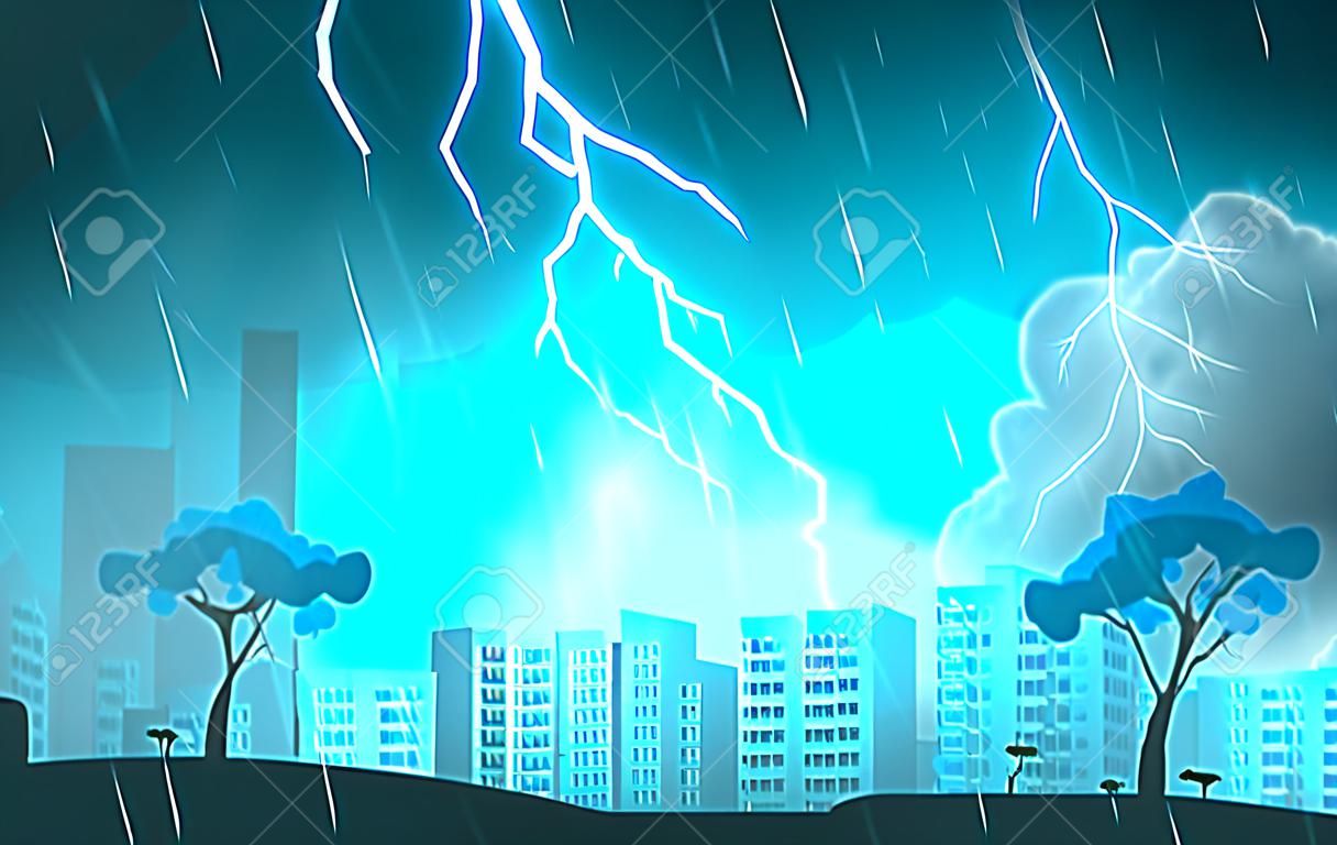 Thunder Storm Lightning Strike Heavy Rain City Building Skyline Cityscape Ilustración