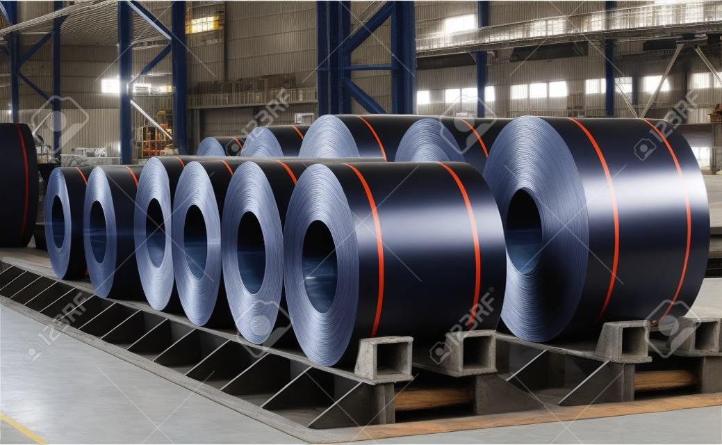 rolls of steel sheet in a warehouse 
