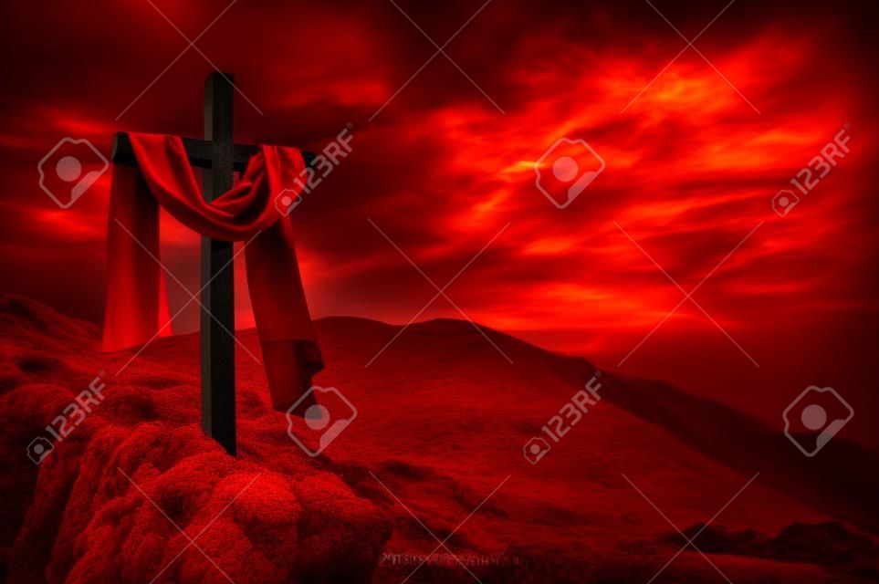 Kreuz mit rotem Tuch gegen den drastischen Himmel