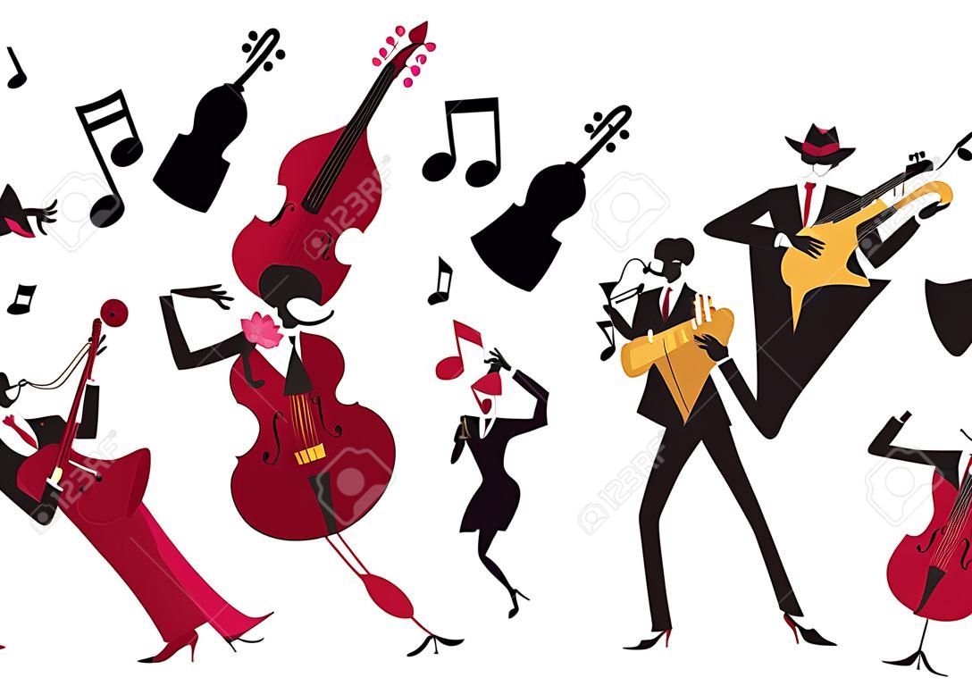 Abstract style illustration of a vibrant Jazz band and super cool lead singer who is striking a stylish pose and playing a musical performance live on stage.