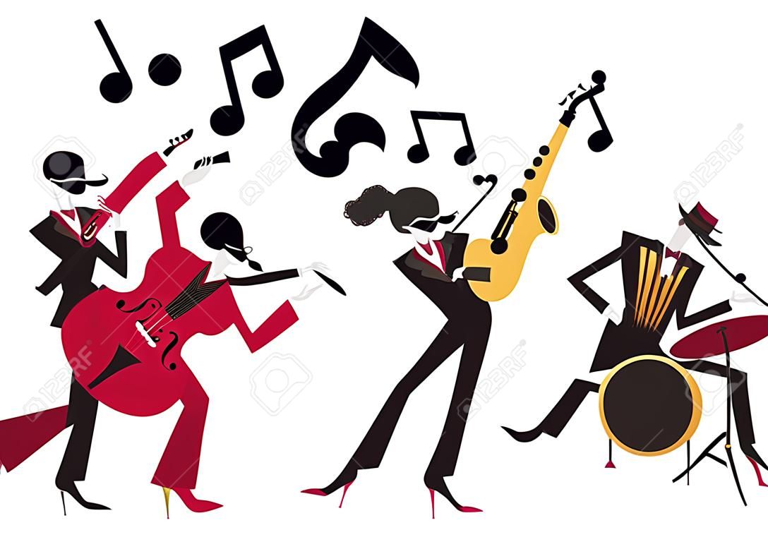 Abstract style illustration of a vibrant Jazz band and super cool lead singer who is striking a stylish pose and playing a musical performance live on stage.
