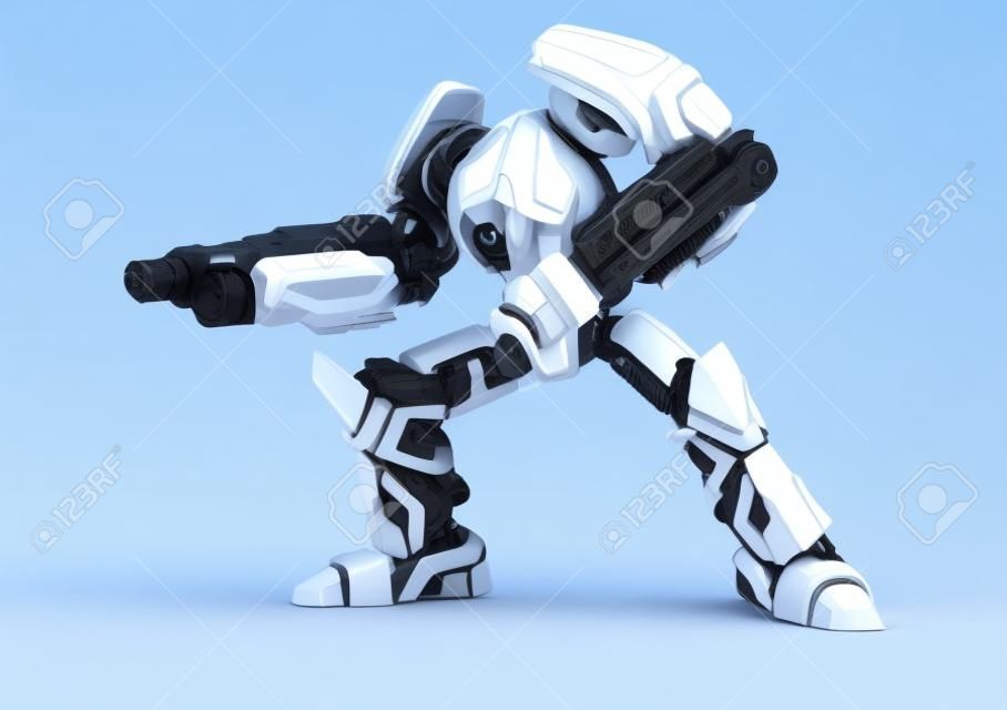 Blanco 3d robot con el arma en el fondo blanco.