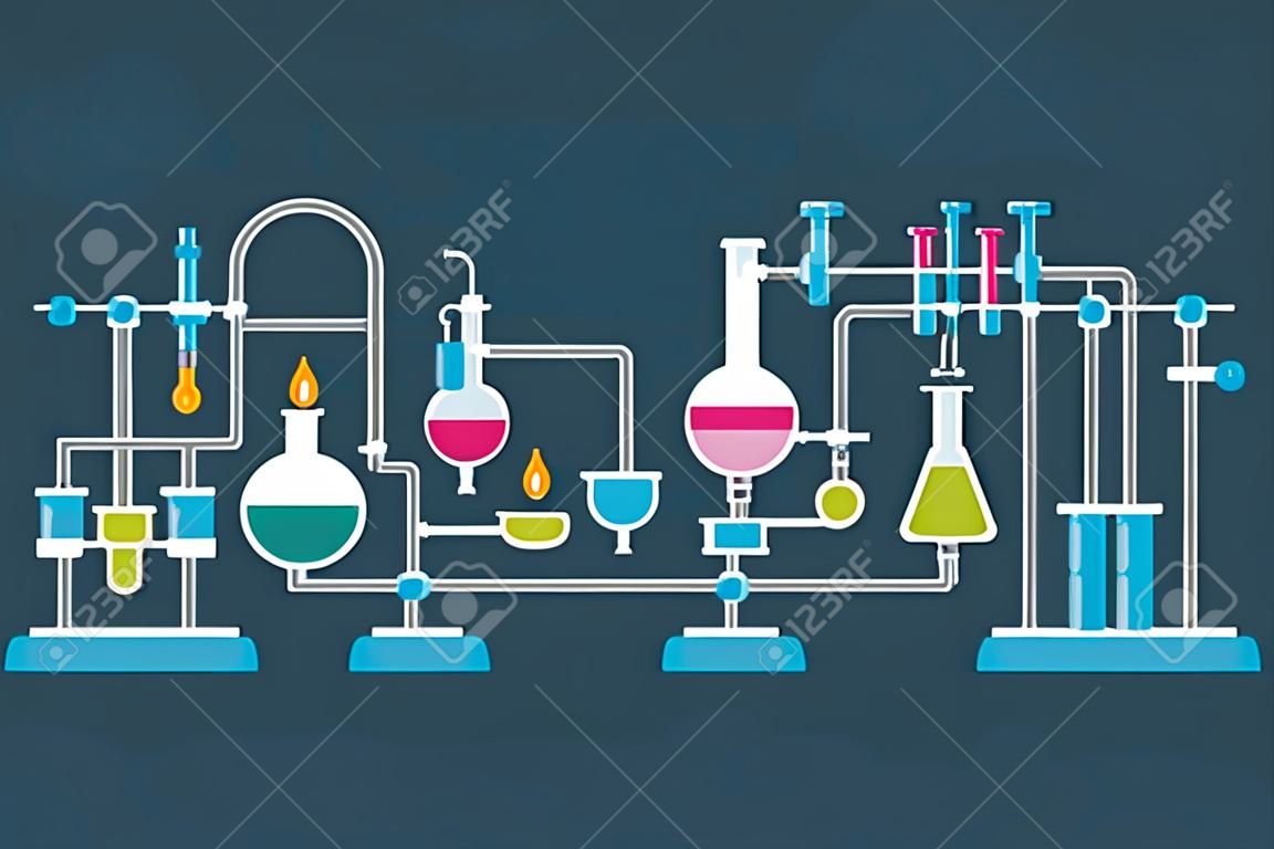 Ilustración plana de objetos Equipo de laboratorio químico con una serie de frascos y vasos de diversas formas.