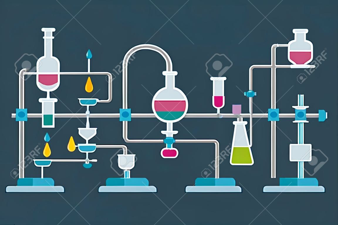 Ilustración plana de objetos Equipo de laboratorio químico con una serie de frascos y vasos de diversas formas.