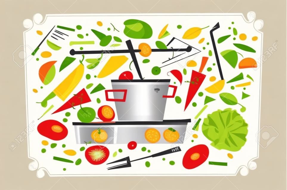 Keuken patroon met voedsel en keukengerei vector illustratie. Groenten en culinaire apparaten in vierkante frame platte stijl design. Koken maaltijden concept. Geïsoleerd in beige