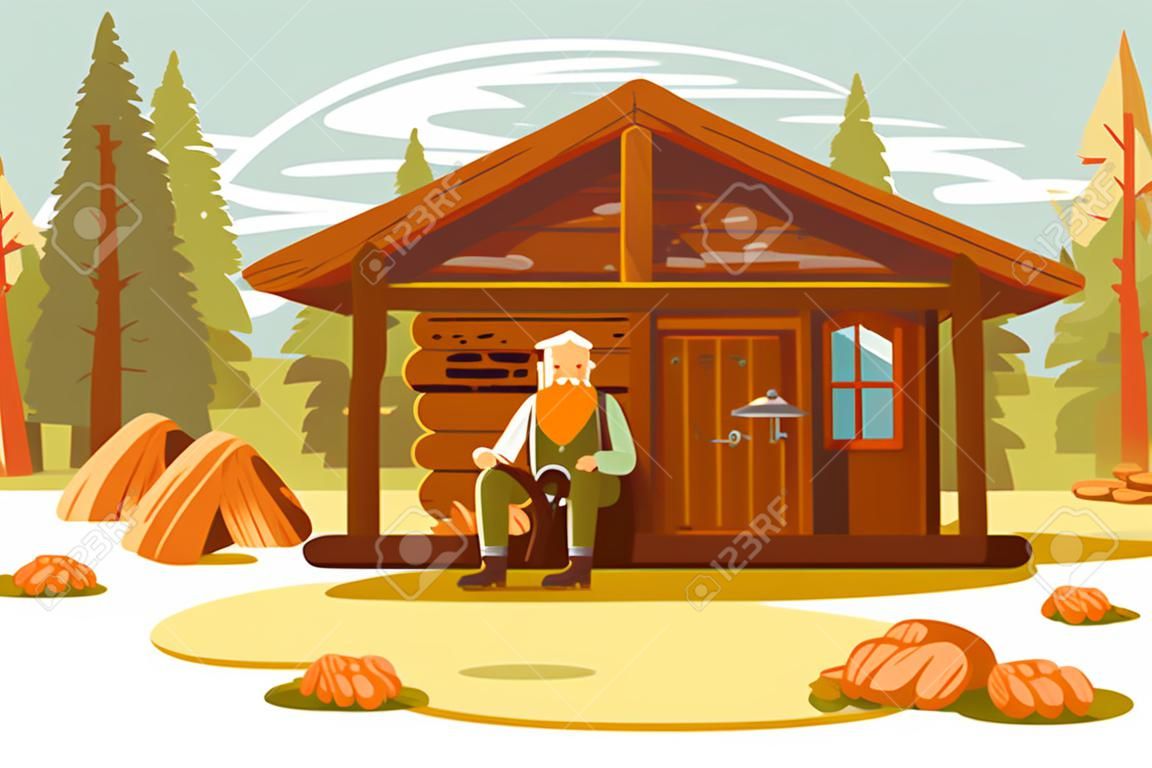 Förster sitzt auf der Veranda-Vektor-Illustration. Alter Mann der Karikatur mit grauem Bart nahe hölzernem Waldhausflachartkonzept. Malerische Pinienwaldlandschaft