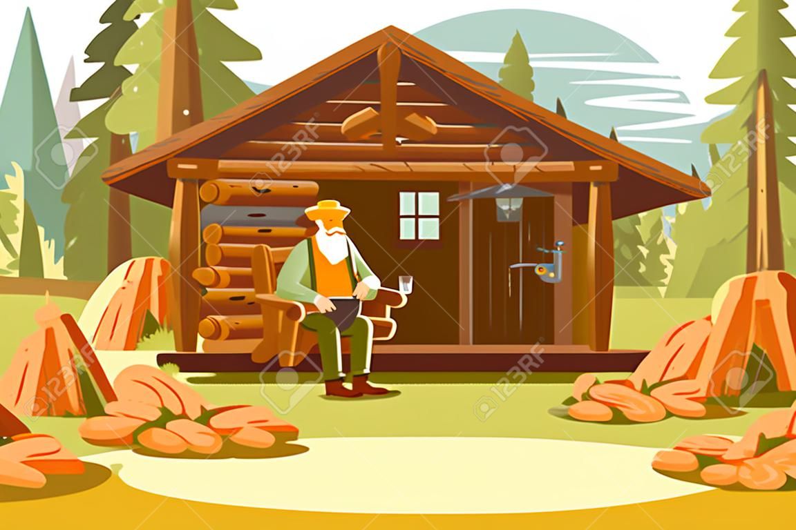 Forester sentado en la ilustración de vector de porche. Viejo de dibujos animados con barba gris cerca del concepto de estilo plano de casa de bosque de madera. Pintoresco paisaje de pinos