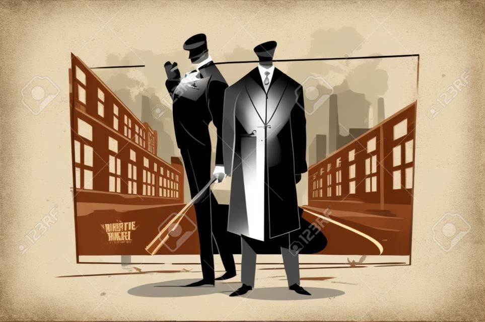 Gentlemen in elegant suits vector illustration. Man with wooden bat smoking and waiting on street design. Thugs and knock knock inscription. Retro vintage style. Isolated on white