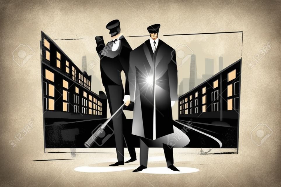 Gentlemen in elegant suits vector illustration. Man with wooden bat smoking and waiting on street design. Thugs and knock knock inscription. Retro vintage style. Isolated on white
