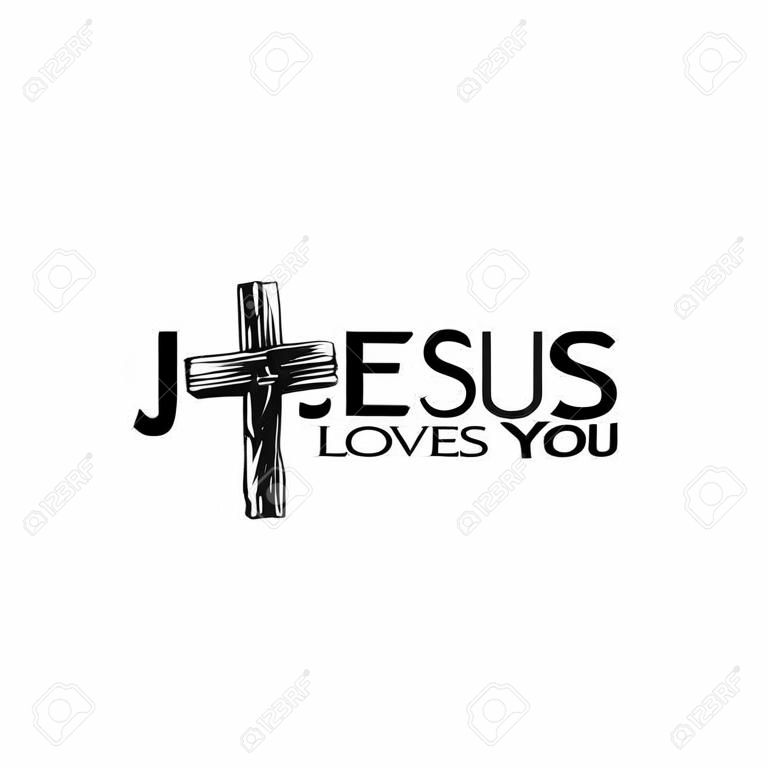 Black wooden cross icon with text Jesus Loves you