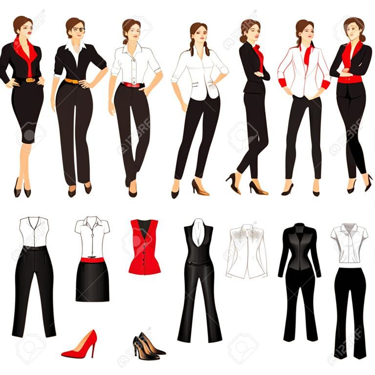 Vector illustration of corporate dress code. Official black shoes. Clothes for women. Business woman or professor in official black formal suit. Woman in glasses. Different color of jacket and blouse