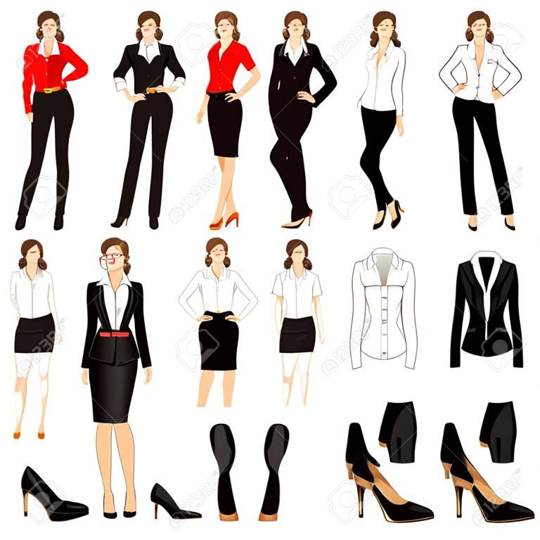 Vector illustration of corporate dress code. Official black shoes. Clothes for women. Business woman or professor in official black formal suit. Woman in glasses. Different color of jacket and blouse