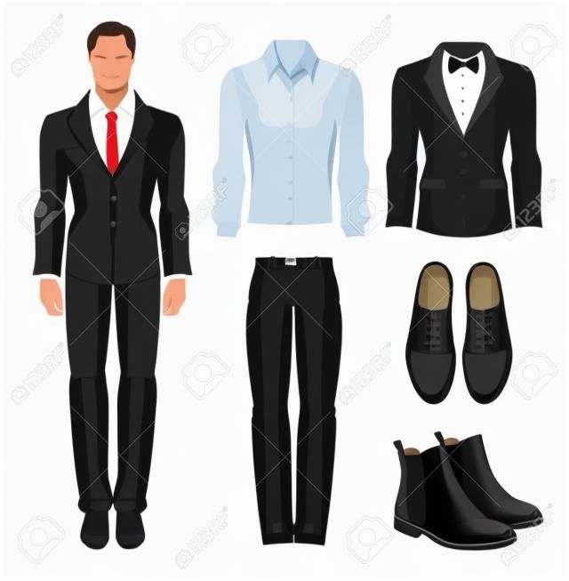 Векторная иллюстрация кодекса корпоративного дресс. Управление равномерным. Одежда для делового человека. Деловая женщина или профессор в официальном черном официальном костюме. Базовый гардероб. Пара черных формальная обувь.