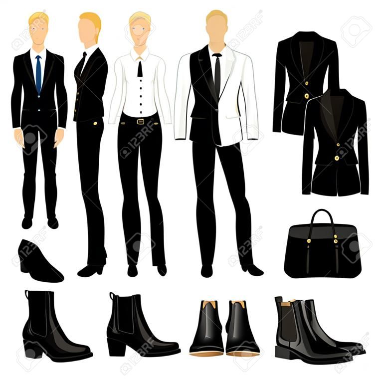 Векторная иллюстрация кодекса корпоративного дресс. Управление равномерным. Одежда для делового человека. Деловая женщина или профессор в официальном черном официальном костюме. Базовый гардероб. Пара черных формальная обувь.
