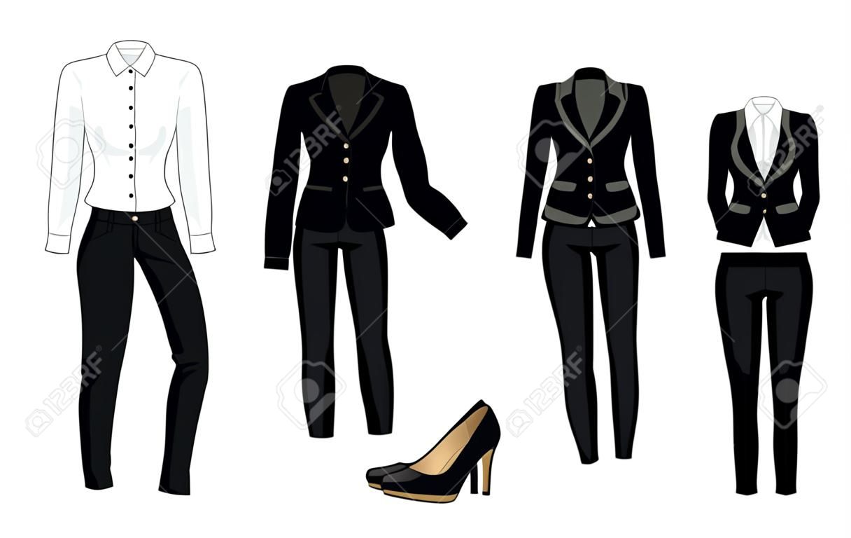 Vector illustration of corporate dress code. Office uniform. Clothes for business people. Secretary or professor in official black formal suit. Woman in glasses. Pair of black formal shoes.
