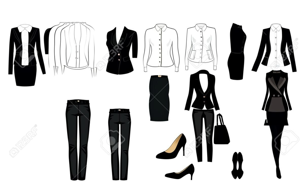 Vector illustration of corporate dress code. Office uniform. Clothes for business people. Secretary or professor in official black formal suit. Woman in glasses. Pair of black formal shoes.