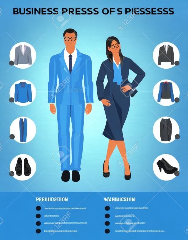 Business dress code infographics. People in blue suits isolated on color background. Vector illustration of people in formal clothes and black shoes.