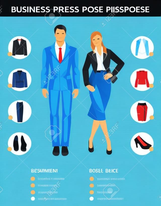 Business dress code infographics. People in blue suits isolated on color background. Vector illustration of people in formal clothes and black shoes.