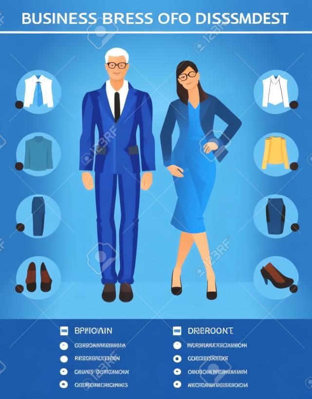 Business dress code infographics. Mensen in blauw pakken geïsoleerd op kleur achtergrond. Vector illustratie van mensen in formele kleding en zwarte schoenen.