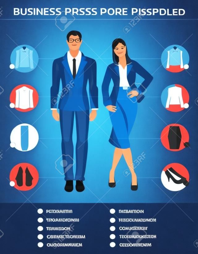 商務著裝的信息圖表。在藍色西裝的人隔絕在彩色背景。人在正式的衣服和黑色皮鞋矢量插圖。