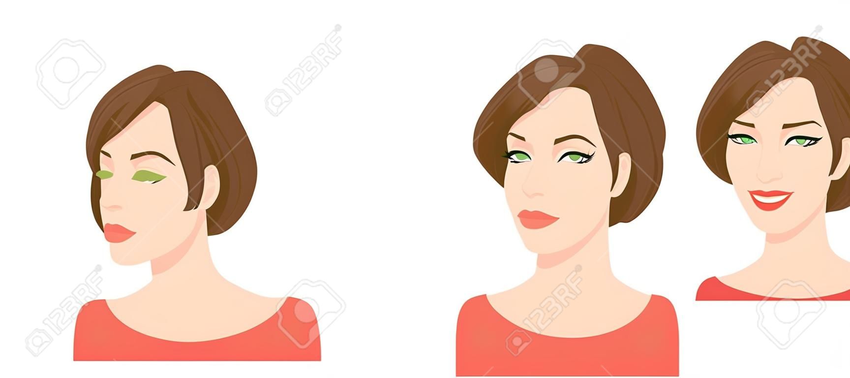 Vector l'illustrazione del fronte della bella donna su fondo bianco, varie teste dei giri Fronte e profilo.