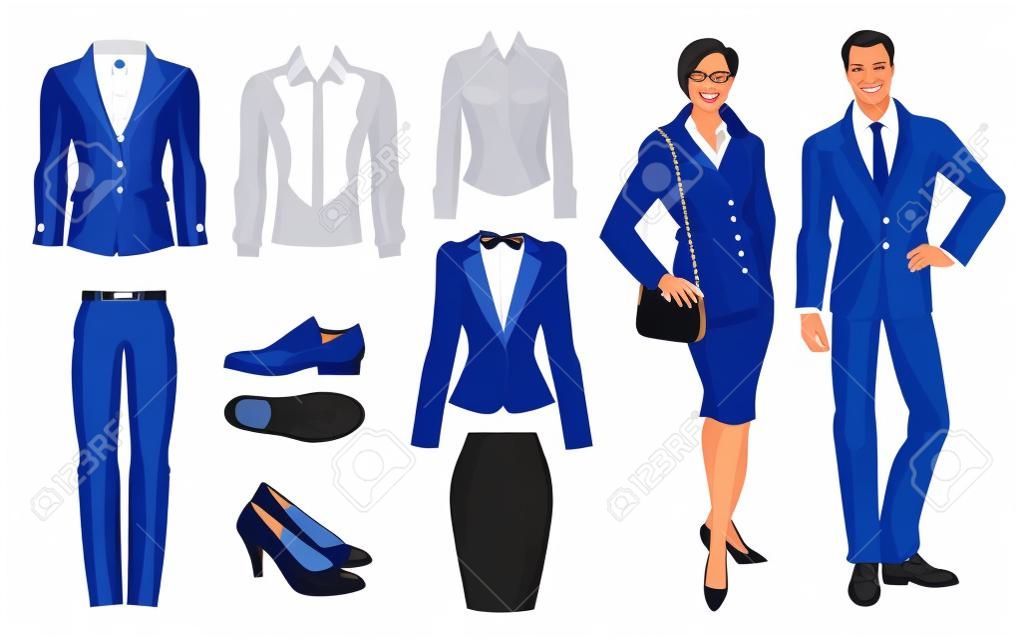 Vector illustration of corporate dress code. Office uniform. Clothes for business people. Secretary or professor in official blue formal suit. Pair of black formal shoes.
