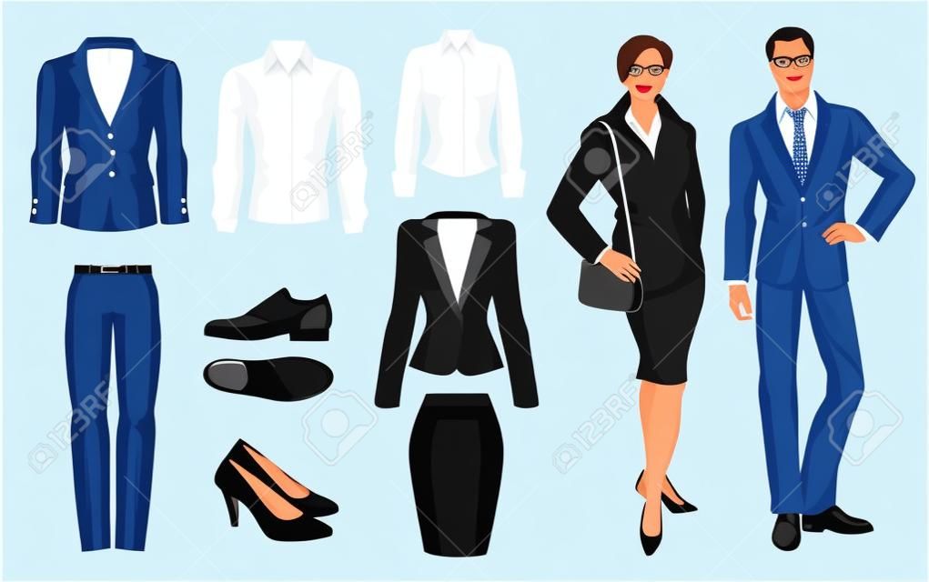 Vector illustration of corporate dress code. Office uniform. Clothes for business people. Secretary or professor in official blue formal suit. Pair of black formal shoes.