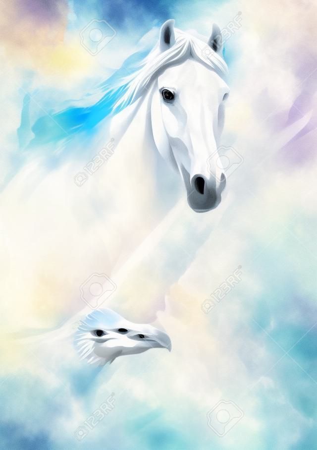 bel dipinto di un cavallo bianco con un aquila in volo, su uno sfondo astratto texture