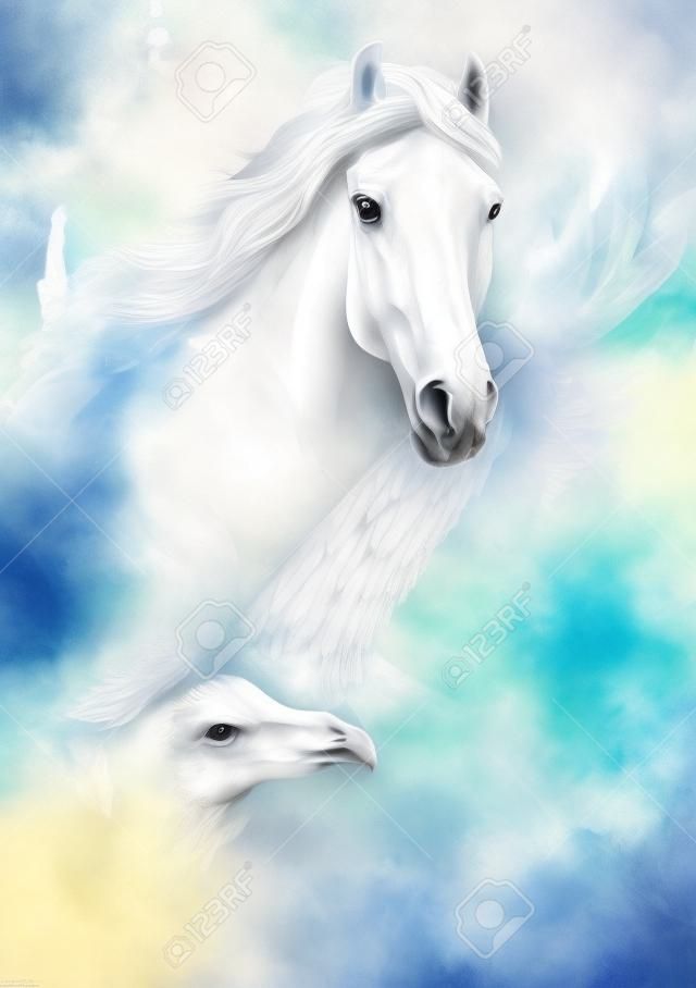 白い馬の抽象的な織り目加工の背景上の飛行のワシの美しい絵画