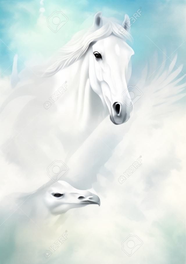 belle peinture d'un cheval blanc avec un aigle qui vole, sur un fond texturé abstraite
