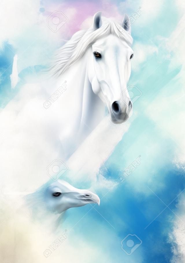 hermosa pintura de un caballo blanco con un águila en vuelo, en una textura de fondo abstracto