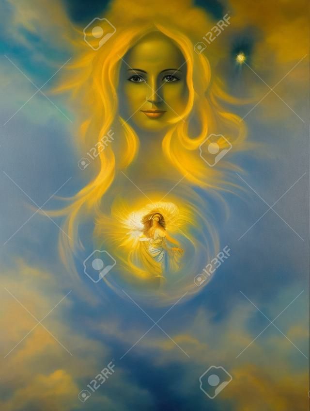 一個美麗的油畫上的女人女神拉達的畫布在地球上一個強大的愛的守護和保護精神
