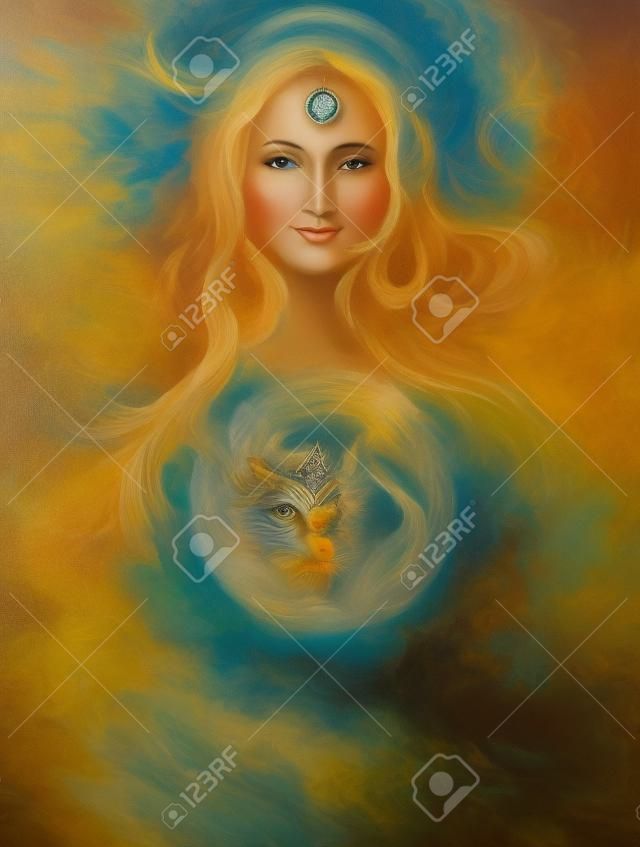 一個美麗的油畫上的女人女神拉達的畫布在地球上一個強大的愛的守護和保護精神