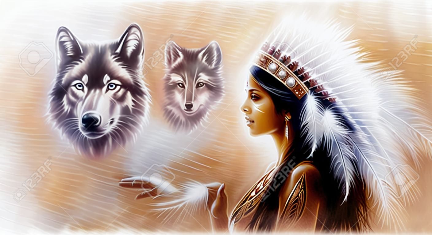 eautiful airbrush painting of a young indian woman wearing a gorgeous feather headdress, with an image of two white wolves spirits hovering above her palm fractal effect