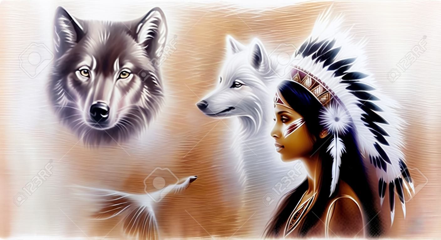 peinture à l'aérographe eautiful d'une jeune femme indienne portant un superbe coiffe de plumes, avec une image de deux loups alcools blancs planant au-dessus de son effet fractale de palme