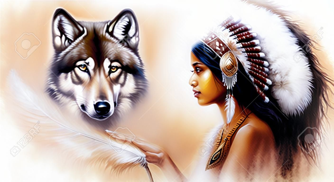 Una hermosa pintura del aerógrafo de una mujer india joven que llevaba un precioso tocado de plumas, con una imagen de dos espíritus lobo flotando por encima de la palma